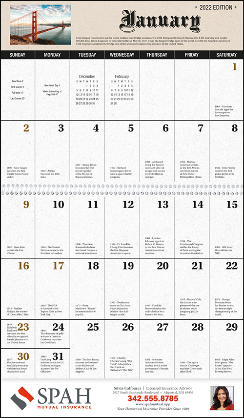 Historical Newspaper Spiral Bound Wall Calendar for 2022